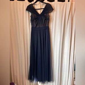 Tadashi Shoji cap sleeve navy tulle dress